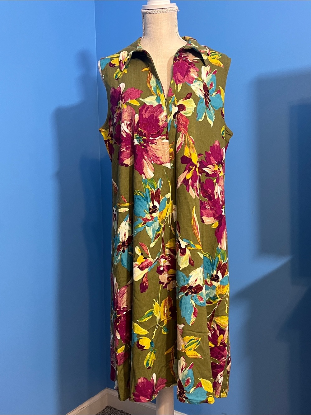 Anne Klein Sleeveless Floral Collared Shirt Dress, Size XL
